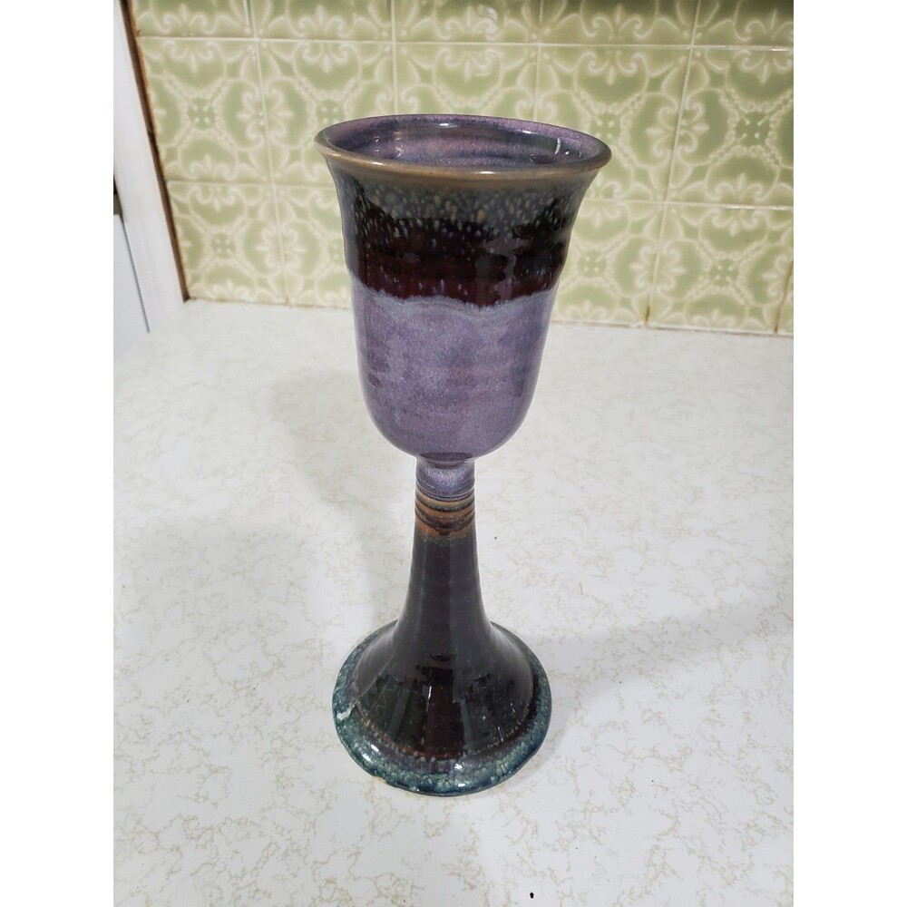 Handmade Stoneware Goblet Chalice Art Pottery Purple Drip Glaze 9" - Picture 2 of 9